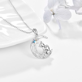 KINGWHYTE Cat Necklace 925 Sterling Silver Crystal Star Pendant Cat on Moon Pendant Necklace Jewellery Gifts for Women Wife Girls Daughter Girlfriend
