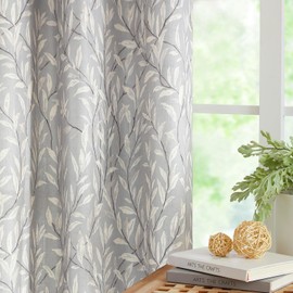 VOGOL Rod Pocket Curtains for Bedroom, 63 Inches Long Privacy Protect Curtain Drapes, Grey Leaves Pattern Design for Living Room Office, 42 x 63, 2 Panels