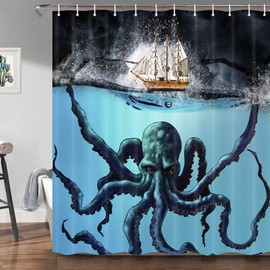 Shocur Black Nautical Octopus Shower Curtain, Funny Ocean Kraken Tentacles Attack Pirate Ship, 72 x 72 Inches Polyester Fabric Bathroom Cool Decor Set with 12 Hooks