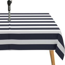 bnhjsdw Strips Print Outdoor Tablecloth with Umbrella Hole for Rectangle Table, Waterproof Navy Blue Patio Table Cloth with Zipper - 60 x 102 inches