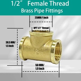 1/2 Brass Tee 3 Way Pipe Fitting NPT 1/2" x 1/2" x 1/2" Female Pipe Fittings Cast T Connector(2 PCS)