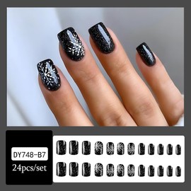 24 Pcs Christmas Press on Nails Medium, LPOODDNU Snowflake Press on Nails Medium Square Fake Nails, Full Cover Christmas Glue on Nails Reusable Winter Black Stick on Nails for Women and Girls