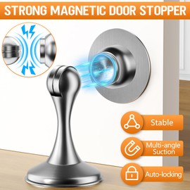 2 Pack Magnetic Door Stoppers, Stainless Steel Magnetic Door Stop, Wall & Floor Mounting No Drilling Door Stop with 3D Adhesive Tapes Keep Door Open, Silver