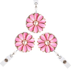 Qinsuee Soporte retráctil para insignia, carrete de identificación con perla, paquete de 3 (rosa)