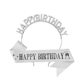 Xiyantiji Happy Birthday Crown and Sash Set for Women Glitter Sliver Birthday Party Accessories Gifts for Friend Sister Bestie Rhinestone Tiara Headband Bday Sash