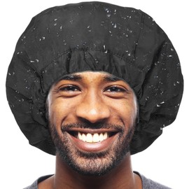 Shower Cap for Men Black Bath Cap, Reversible Terry Lined Large Waterproof Adjustable Shower Caps Elastic Band Stretch Hem Hair Hat for braids