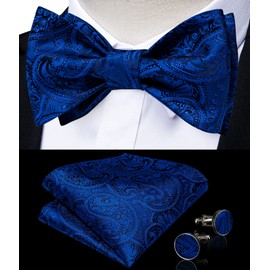 DiBanGu Mens Paisley Bow Tie Set Royal Blue Silk Woven Self Bowtie Pocket Square Cufflinks Set Business