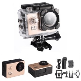 GOWENIC Cámara de Acción, Cámara Deportiva Impermeable Subacuática de 12MP 1080P con Pantalla HD de 2,0 Pulgadas, Cámara Deportiva Mini DV con Kit de Accesorios de Montaje (Oro)