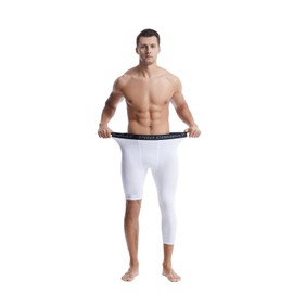 The New Men's Basketball Single Leg Tight Sports Pants 3/4 One Leg Compression Pants Athletic Base Layer Underwear (Large, White-2)