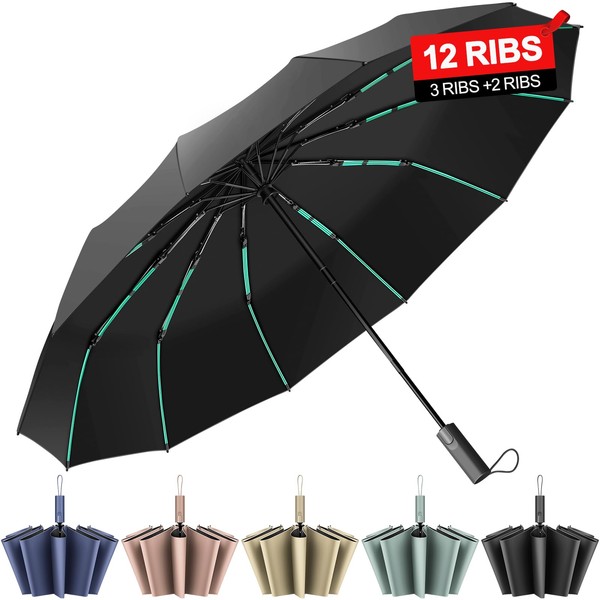ZUOYOUZ Folding Travel Umbrella Windproof Strong,Upgrades 12 Ribs(3+2Ribs) Auto Open/Close