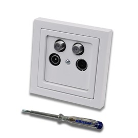 Busch Jäger Set: Flush-Mounted 4-Hole Socket 40-2400 MHz, End Socket for Radio, TV, SAT1 & SAT2. Includes Future Linear Studio White Single Frame, Cover + EBROM Phase Tester for Mounting the Device