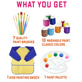 Kids Painting Set, Washable Paint for Kids 10 Colors, 7 Paintbrushes, Paint Palette, Painting Smock, Non Toxic Tempera Paints 2 oz Each,Paints for Toddlers Art, Crafts