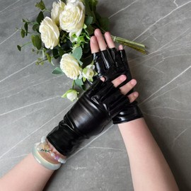 Hybursky PU Leather Fingerless Gloves for Men Women Half Finger Short Glove Shiny Metallic Wetlook Punk Gloves Cosplay Hollow Dance Mittens 80's Disco Party Costume, Black