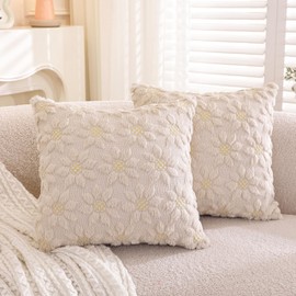 TAOSON 2 Stück, Frühlingssommer, Bauernhaus, Beige, Blume, Herz, Sonnenblume, weicher Plüsch-Kunstfell, Jacquard-Kissenbezüge, weiche Couch-Kissenbezüge für Wohnzimmer, Bett, Sofa, 45,7 x 45,7 cm