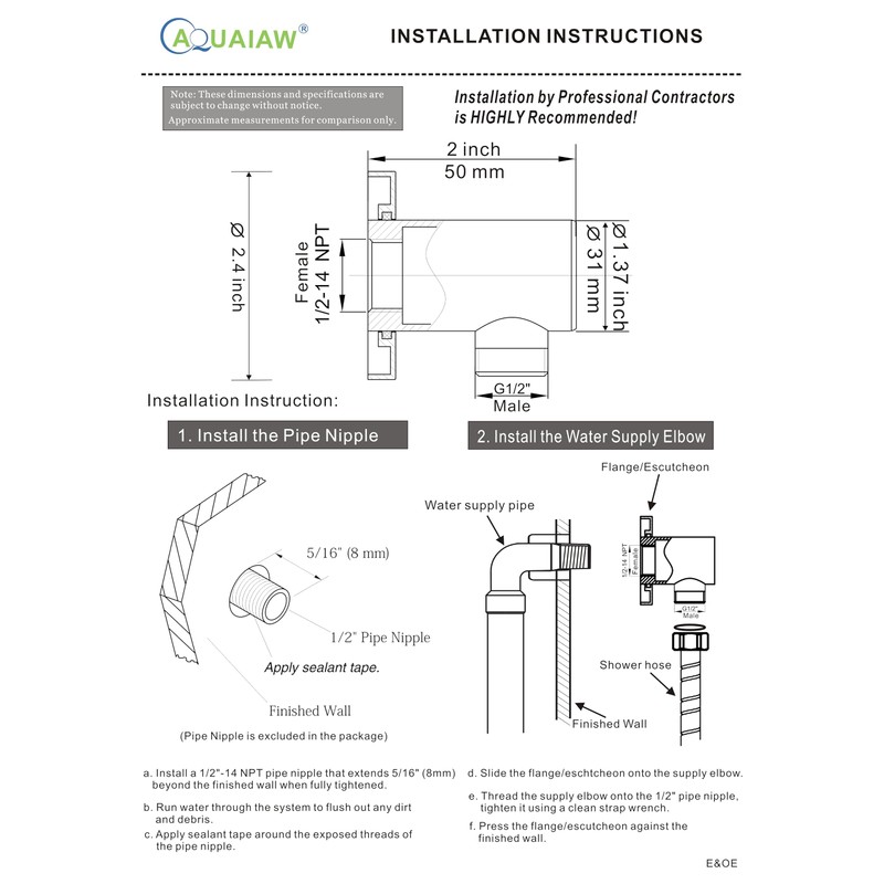 Aquaiaw Wall Supply Elbow with O-Ring Flange, Tapered 1/2 NPT