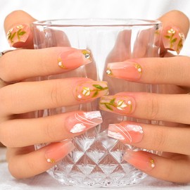 Sethexy Pink Handmade Fake Nails Medium Coffin False Nail with Design Acrylic Gradient Hand-painted Glossy Salon Press on Nails for Women and Girls 10PCS (K)