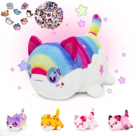 KOWSI 69-PCS 11-inches Rainbow Cat Plush + 60-Sticker + 8-Pcs Shoe Charms - Goddess Cat Collection - 100% Embroidered Plushie - Cat Stuffed Animal Collectible (Rainbow Cat)