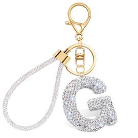 Initial Letter Keychain for Women,Bling Cute A-Z Letter Keychain with Wristlet Key Ring Sparkly Rhinestones Backpack Car Key Chain Crystal Bling Initial Keychain Gifts for Women Birthday Christmas(G)