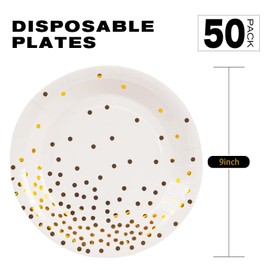 50 Pack White and Gold Paper Plates,9inch Disposable Metallic Foil Polka Dots Disposable Paper Plates Dessert Party Plates Party Supplies for Graduation Birthday Decorations Weddings Holiday Christmas