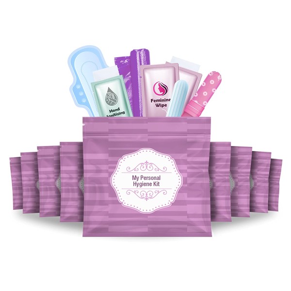 Menstrual Kit All-in-One 10 Pack | Convenience on The Go | Period Kit Pack for Travelling, Tweens & Teenagers or just When You’re Out | Individually Wrapped Feminine Hygiene Product (Purple)