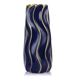 9.5" Blue Ceramic Vase - Minimalist Blue and Gold Flower Vase, Blue Decor Large Pampas Grass Vase, Boho Decorative Centerpiece Vase for Home Decor, Table, Shelf, Mantel, and Entryway