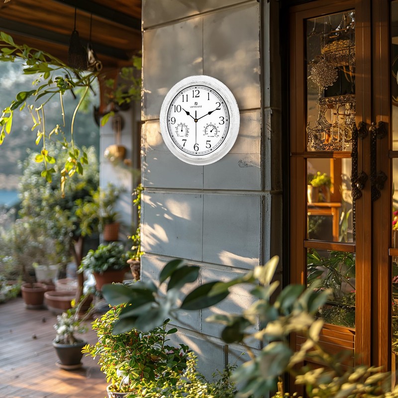 Lafocuse White Outdoor Wall Clocks Waterproof for Patio with Thermometer,