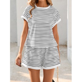 Famulily Women 2 Piece Vacation Sets Cute Stripe Color Block Beach Outfits Comfy Pjs Sets White L