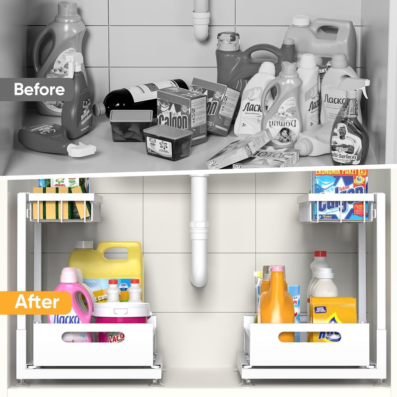 2 Pack Under Sink Organizer Storage 2-Tier Premium Metal Pull-Out