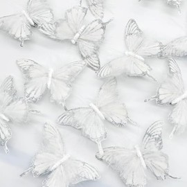 12 unidades de mariposas de plumas plateadas con purpurina para adornos navideños con clips para manualidades de árbol de primavera, ramos de flores, 