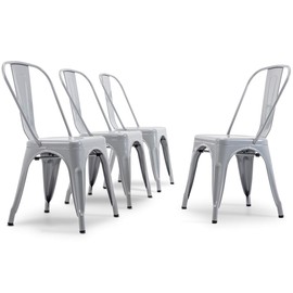 BELLEZE Metal Dining Chairs Set of 4, Stackable Metal Chairs Industrial Vintage Farmhouse Chairs with Detachable Backrest, Weather Resistant Tolix Chair for Indoor Outdoor - Alexander (Grey)