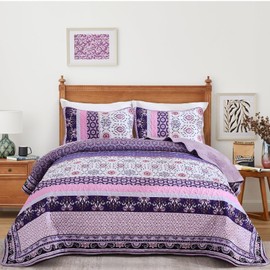 Yiran Boho Quilt Set King Size Purple Patchwork Bedspreads Bedding Set Spring Summer Lightweight Bohemia Farmhouse Coverlet Set 110x90 Inch