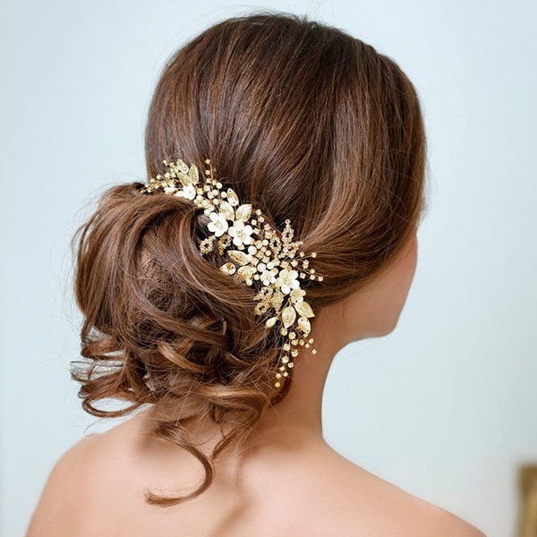 Handcess Crystal Wedding Headbands Flower Gold Beads Headpiece Rhinestone Leaves