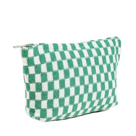 Checkered Makeup Bag For Women - Green White Cosmetic Bags Travel Toiletry Bag Large Capacity Canvas Storage Bag Aesthetically Designed Tote Bag Cute Pencil Case