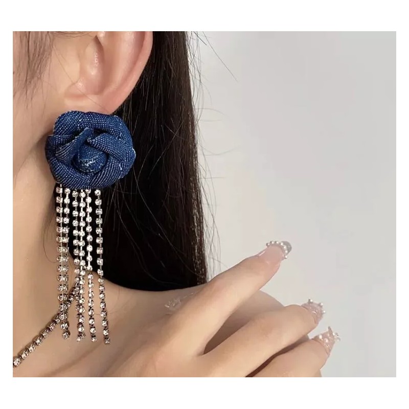 For Women Blue Denim Rhinestone Rose Dangles Fashion Statement Earrings