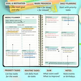 Undated Weekly Planner, Daily To Do List Notebook with Goal & Habit Tracker Organizer, B5 Daily Planner Notebook with Spiral Binding - Black