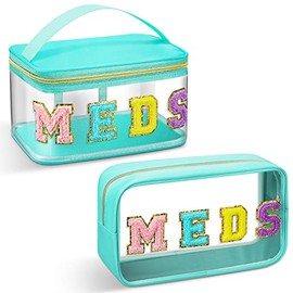 Geetery 2 Bolsas de Maquillaje Preppy Transparentes Bolsa Transparente con Parche de Letras de Chenilla Cosmetiquera de Viaje con Cremallera para Cuid