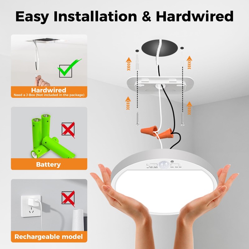 Slochi 2Pack Motion Sensor Ceiling Light Wired, 3000K/4000K/6500K Motion Sensor
