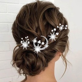 BARTOSI Silver Moon Star Hair Pins Rhinestone Bridal Hair Clips Pearl Bride Wedding Hair Accessories for Women and Girls (Pack of 4)