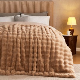 Lotus Karen Faux Fur Blanket Khaki Twin Size - Big Bubble Rabbit Fluff Blanket for Couch, Small Fluffy Fuzzy Cozy Blanket, Thick Furry Plush Shaggy Blankets, 60x80 Inches