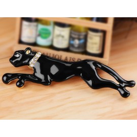 Alilang Golden Tone Clear Crystal Collar Shiny Black Panther Cougar Painted Enamel Brooch Pin