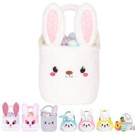 Bunny Easter Basket for Kids, Cute Plush Empty Bucket with Foldable Ears and Handle Egg Hunt Tote Candy Bag Basket for Boy Girl Teens Gift, Easter Basket Decor White 9×9 Inch