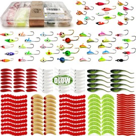 VMSIXVM Ice Fishing Jigs Ice Fishing Lures Ice Fishing Soft Plastic Kit, Glow Winter Ice Jig Heads Hooks Crappie Jig Worm Bait for Walleye Panfish Trout, Ice Fishing Gear Equipment Tackle Accessories