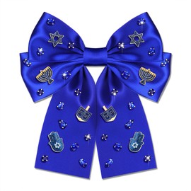 Vokone Hanukkah Hair Bows for Women Menorah Dreidel Star of David Hair Bow Clips Blue Jeweled Satin Hair Ribbon Jewish Holiday Outfit Accessories Gifts Menorah Dreidel Charms Short