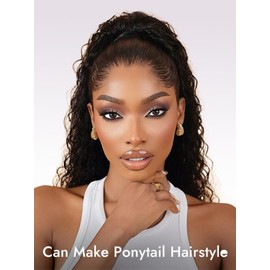 eool Hidden Strap 360 Drawstring Full Lace Front Wigs Human Hair Pre Plucked 200 Density Deep Wave 360 Invisible Drawstring Glueless Wet And Wavy HD Lace Front Wig Human Hair For Black Women 14 Inch