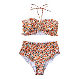 SHENHE Women's Strapless Floral Bikini Set High Waisted Frilly Ruched Bandeau 2 Piece Swimsuits Multicolor Large