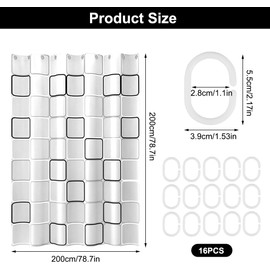 200 x 200cm PEVA Waterproof Anti-Mould Proof Resistant, Shower Curtain with 16 Curtain Hooks, Shower Curtain White, Washable Bathroom Curtain, Anti Bacterial Shower Curtain for Bathroom, House, Hotel