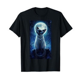 Cute Siamese Cat Gothic Portrait Moonlit Night T-Shirt for Men Women