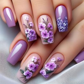 24 Pcs Flower Press on Nails Medium Length Square Shaped False Nails Glossy Purple Fake Nails with Floral Designs Acrylic Nails Full Cover Stick on Nails for Women Nails Manicure Decorations