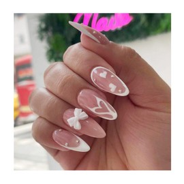 White Bows Charms Press on Nails Medium Almond Fake Nails with Heart Design French tips Glue on Nails Glossy Rhinestone False Nails Reusable Valentines Nails for Women Girls Manicure 24pcs
