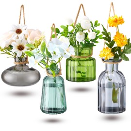 Wonderjune 4 Pcs Stained Glass Hanging Vases Hanging Glass Planters Small Plant Terrarium Pot Containers with Rope for Garden Home Indoor Outdoor Decor, 4 Styles (Artsy)